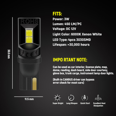 360度LED電球 T10 194 168 147 W5W 3030 車用LEDインテリア電球 エラーフリー 免許証券灯
