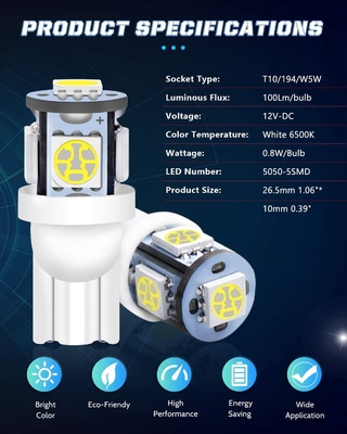 194の自動車LEDの電球6500KはT10 SMD 5050を欠けるくさびで留める