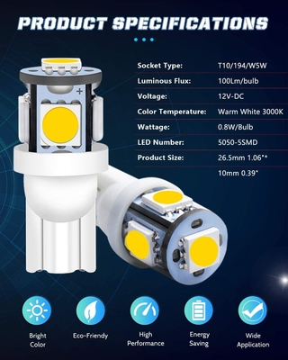 194の自動車LEDの電球6500KはT10 SMD 5050を欠けるくさびで留める