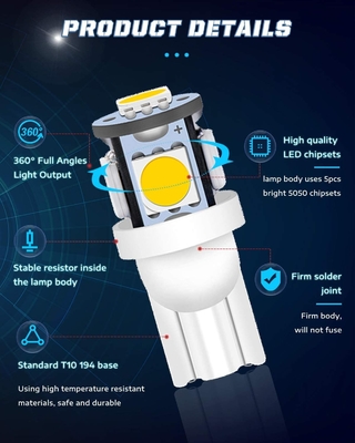 194の自動車LEDの電球6500KはT10 SMD 5050を欠けるくさびで留める